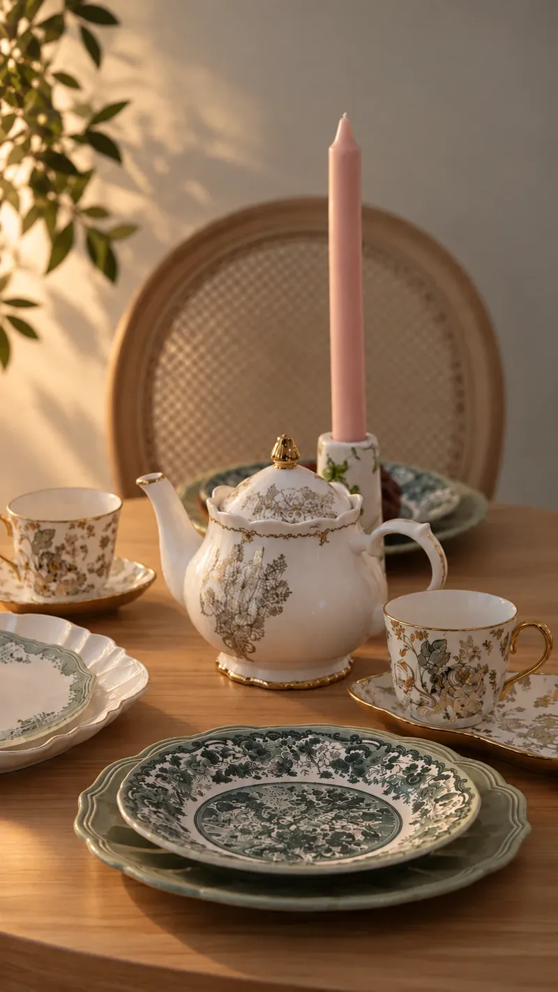 Elegant teapot and cups arranged for afternoon tea at Maison Q.
