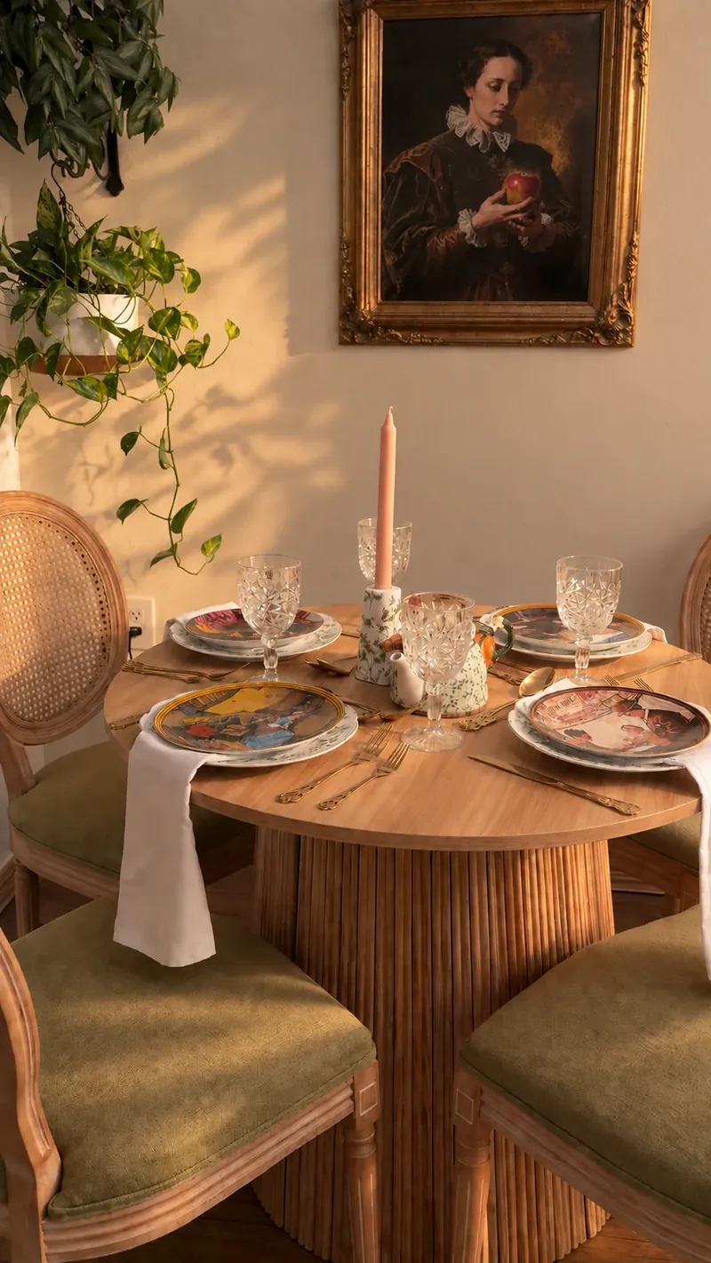 A sunlit table with vintage porcelain and sage upholstered chairs.