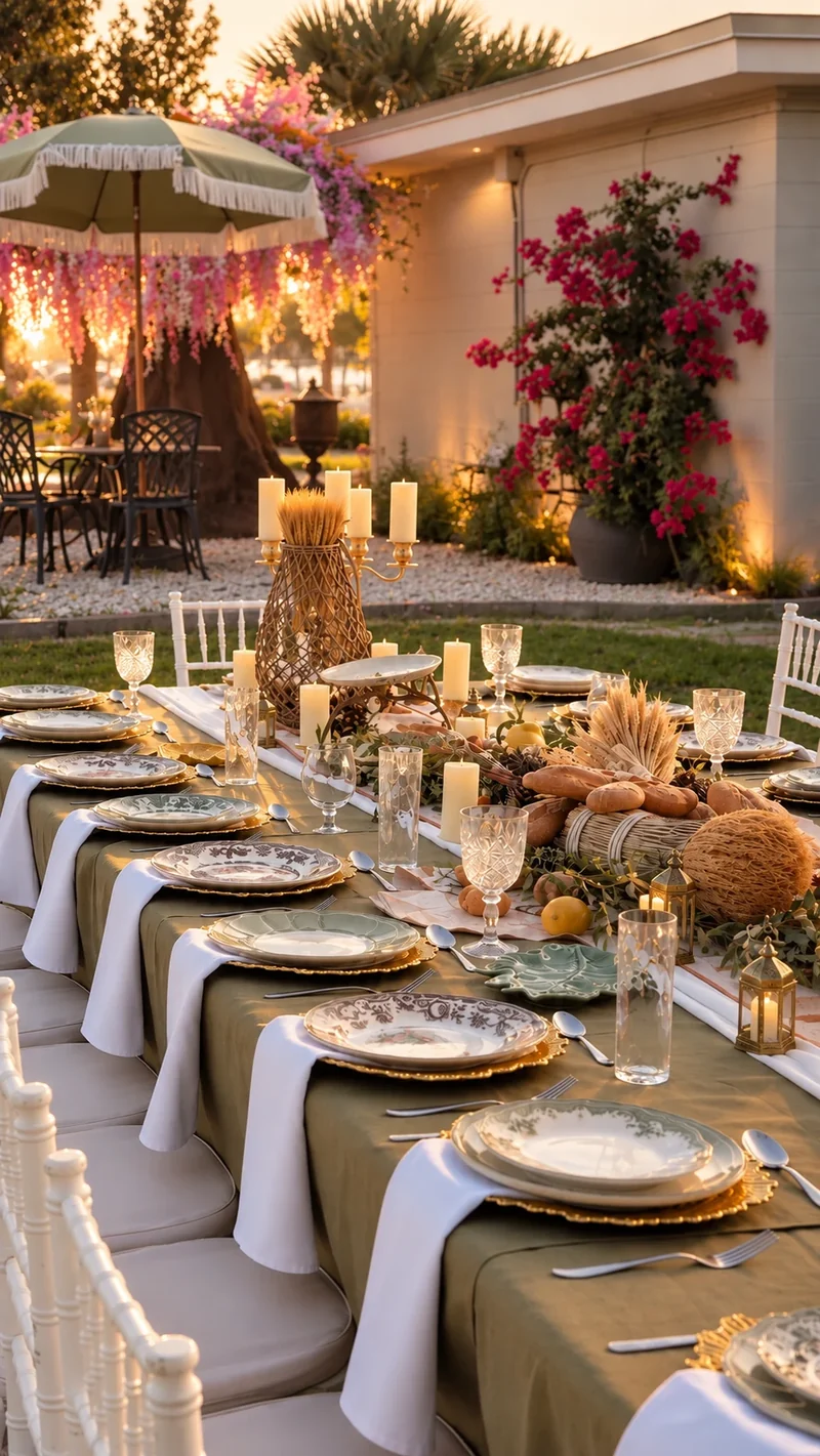 A long garden table set for a private gathering at Maison Q in Clermont, Florida.