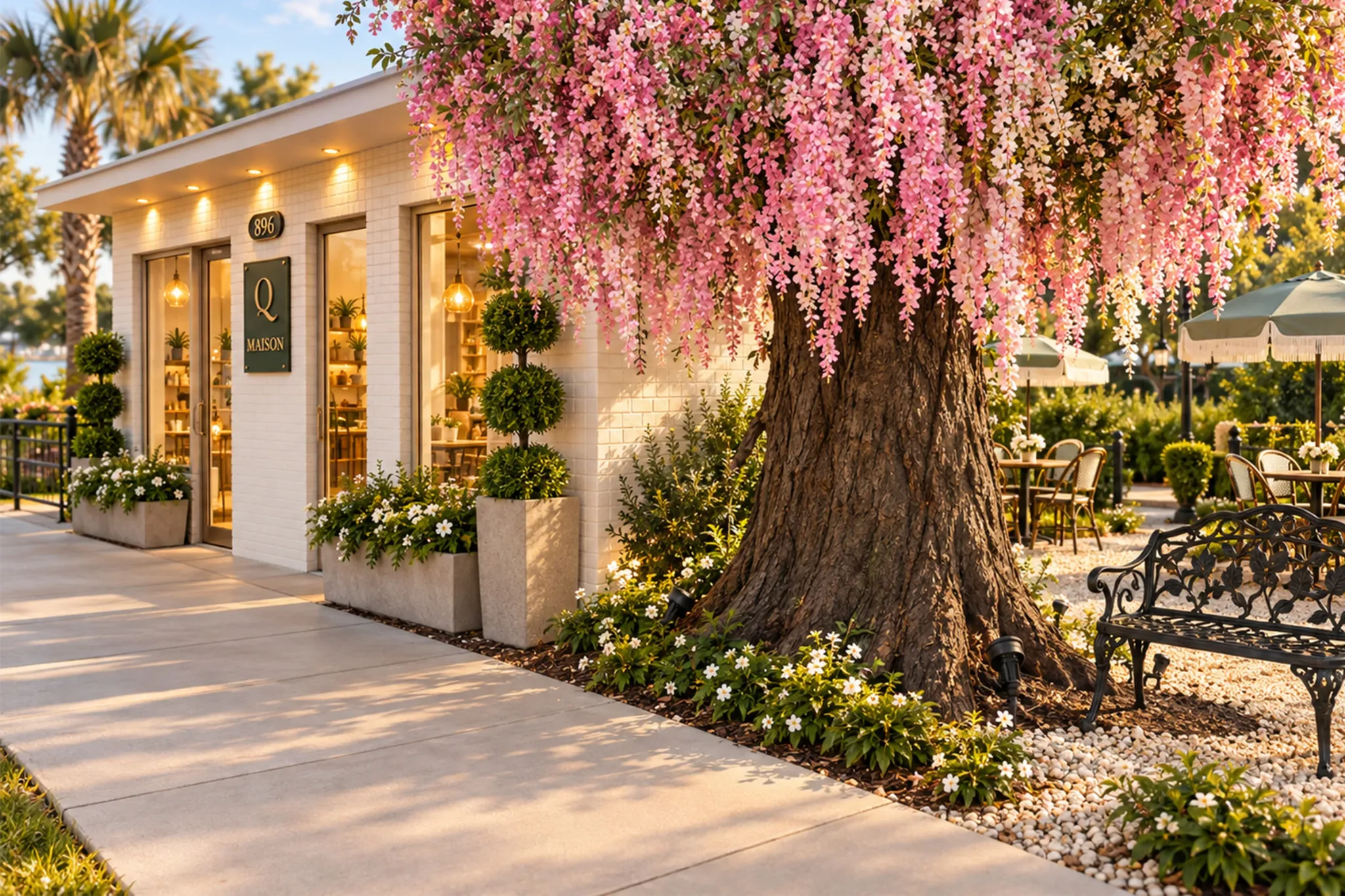 Maison Q beneath the flowering tree in Downtown Clermont, Florida